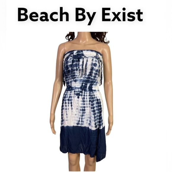 Beach By Exist Navy Blue White Tie Dye Boho Strapless Mini Swim Cover Up Dress M - Picture 1 of 11